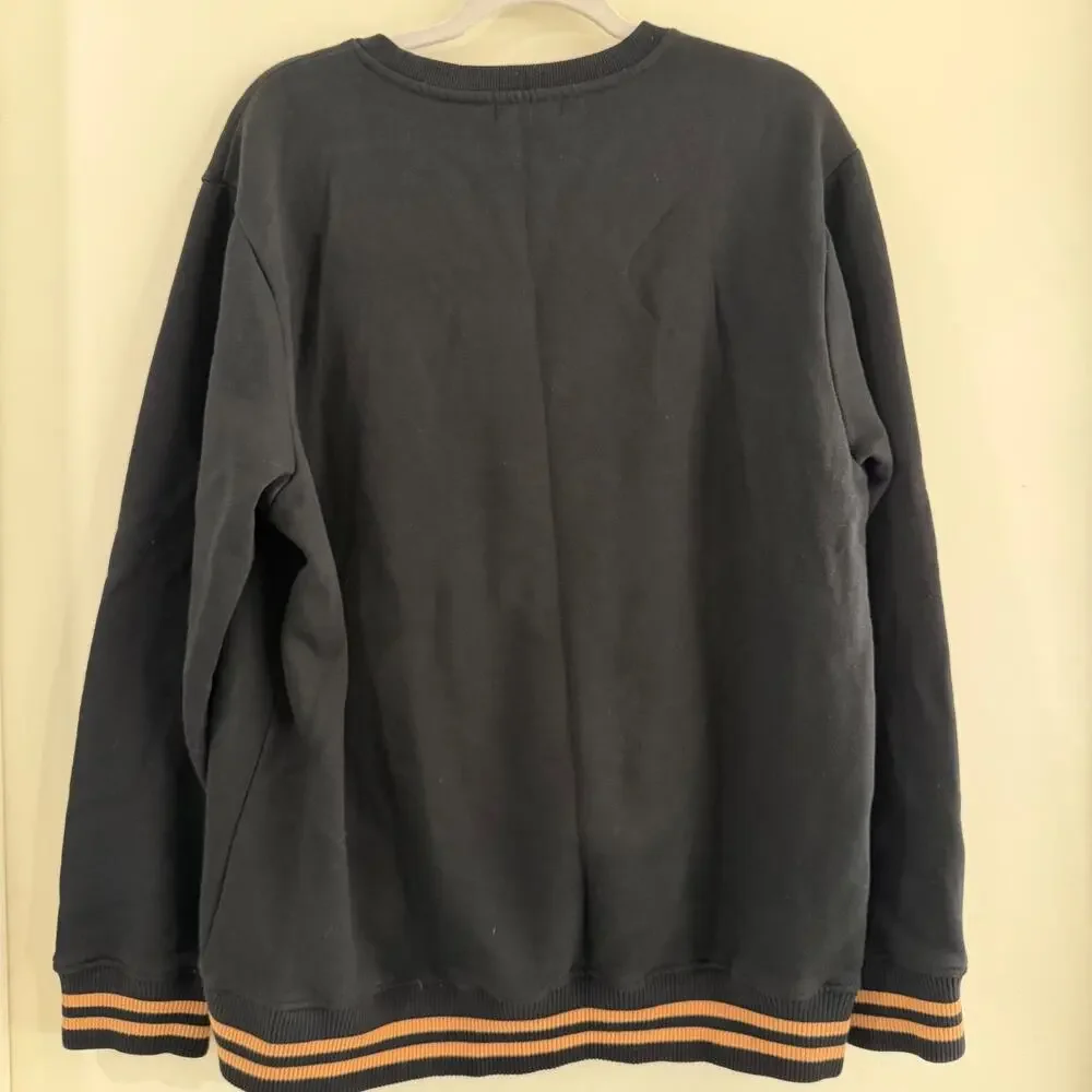 True Religion Black Chenille Logo Striped Hem Sweatshirt (Size 2XL - Runs Small)